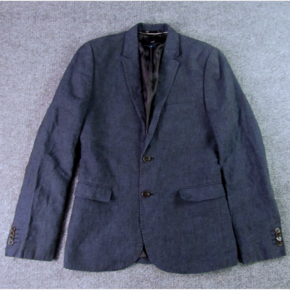 H&M Blazer Mens 34R Blue Slim Fit 100% Linen Two Button Sport Coat Jacket Single